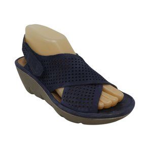 Clarks Platform Wedge Sandals Womens 7.5 Blue Leather Open Toe Slingback Comfort